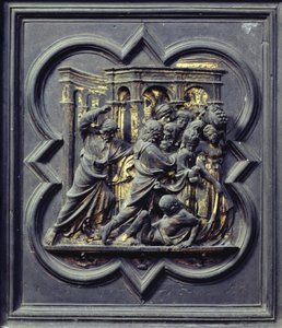 Chrystus Chasing the Merchants from the Temple, siódmy panel północnych drzwi baptysterium San Giovanni, 1403-24 (brąz)